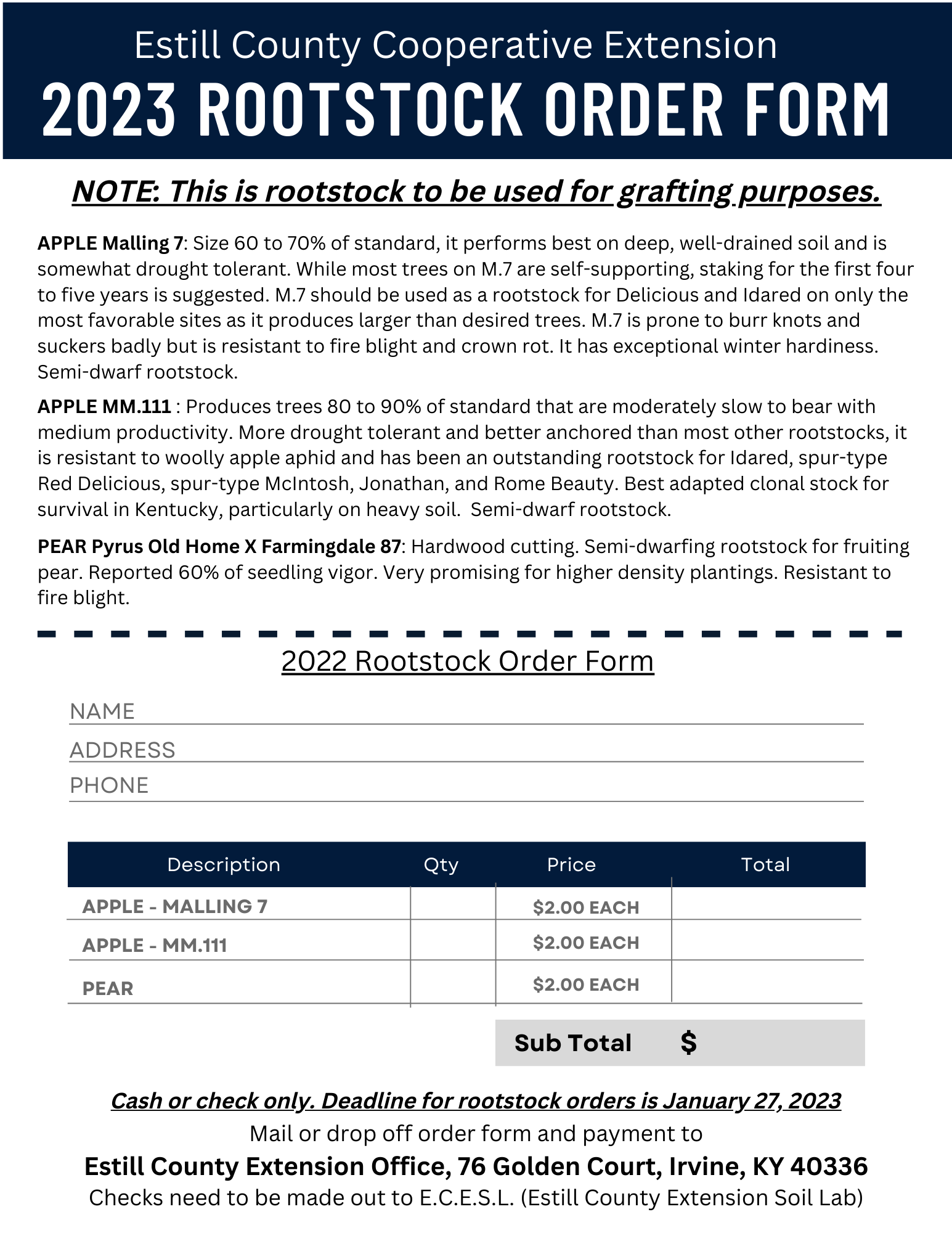 Estill County Extension 2023 Rootstock Order Form