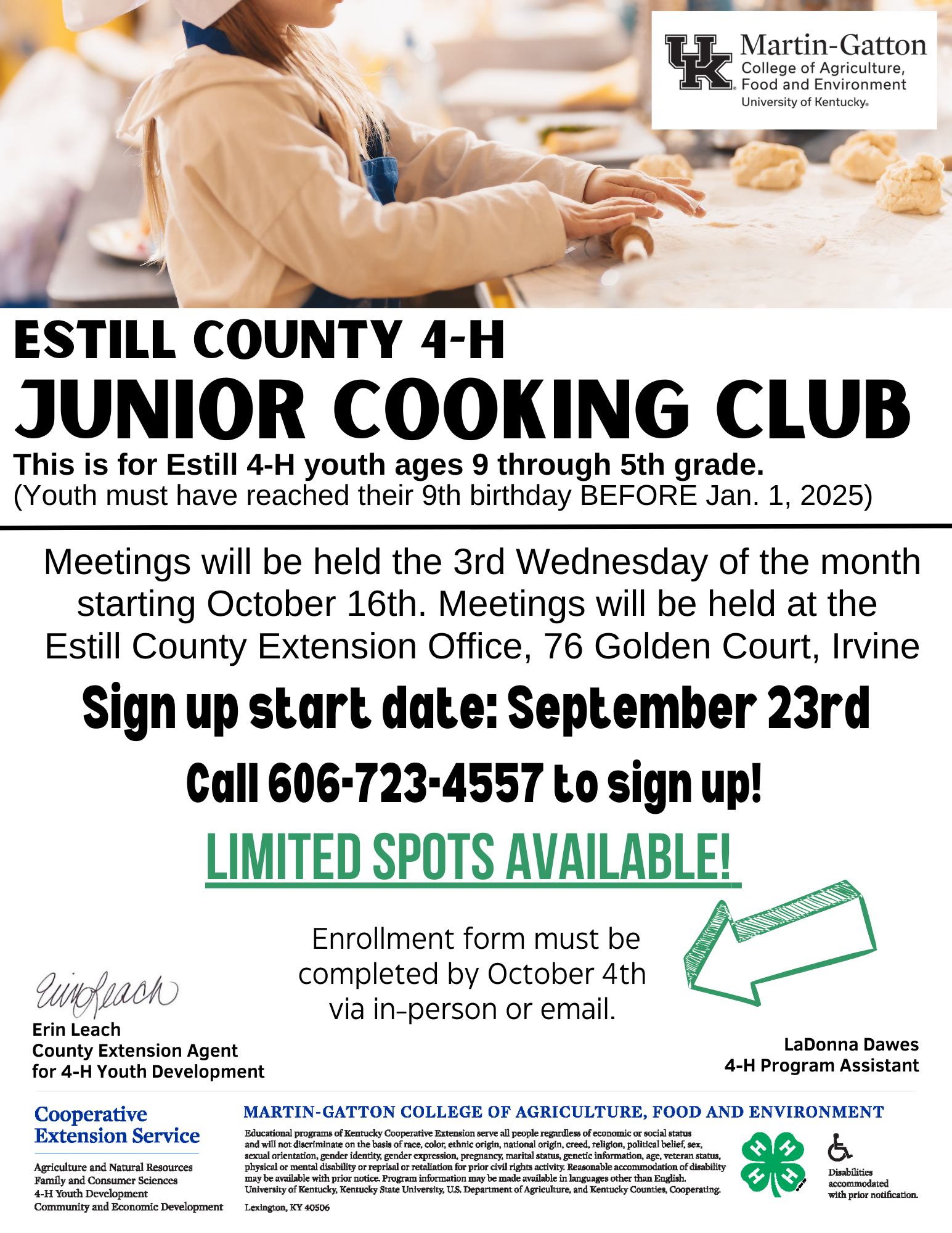 Junior Cooking Club Sign Up Informational Flyer