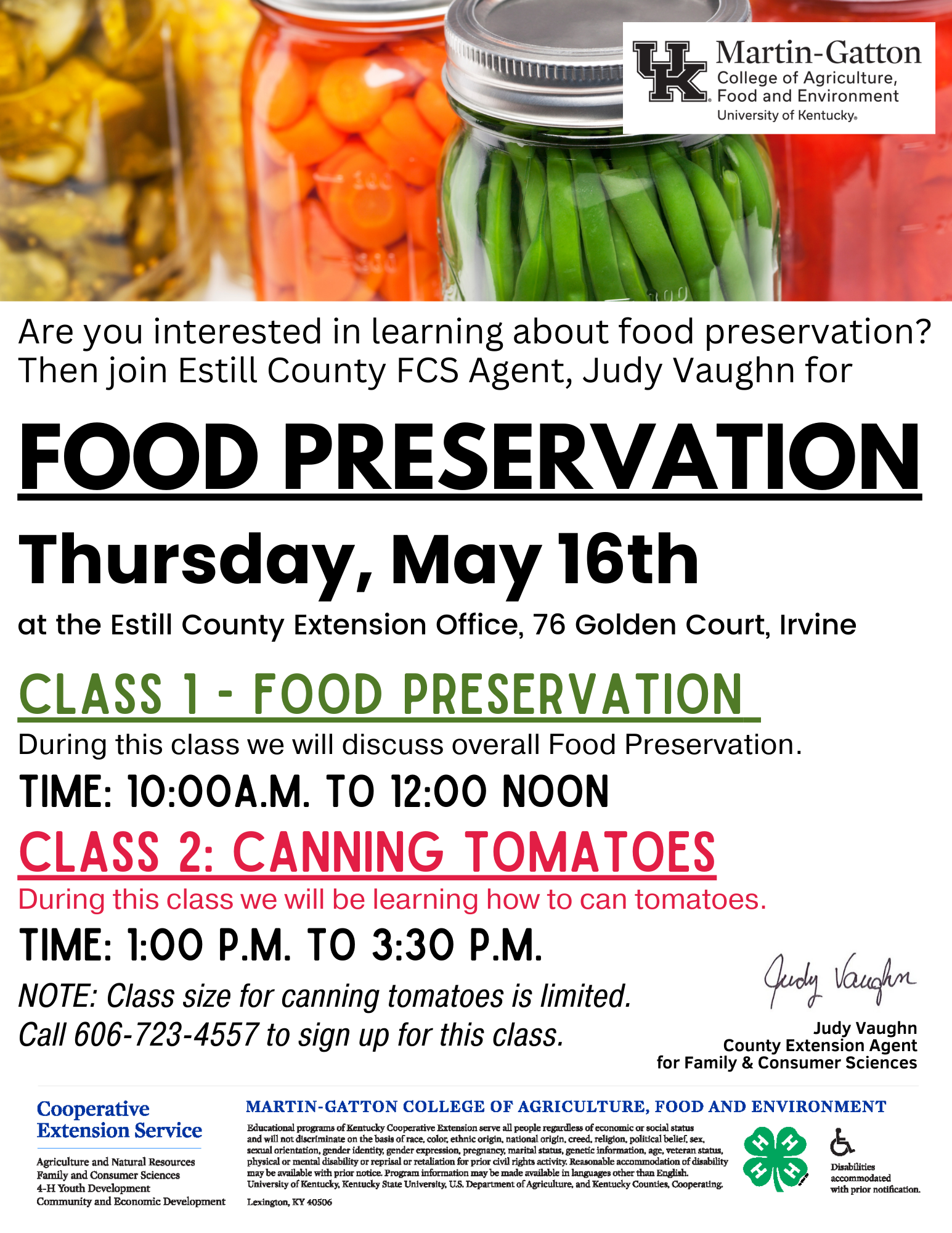 Food Preservation May Classes Flyer