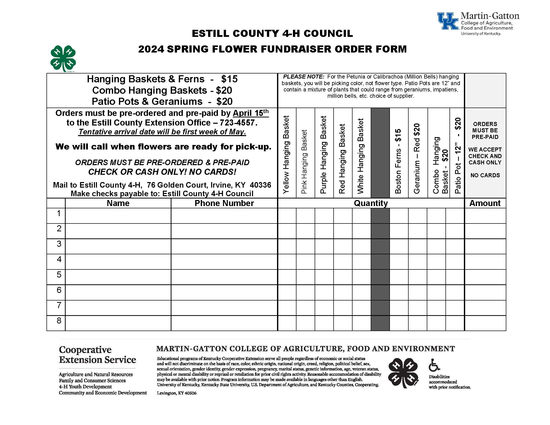 4-H Spring Flower Fundraiser order form