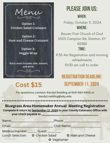 Registration form for the Bluegrass Area Extension Homemakers Annual Meeting October 11, 2024 in Powell County, Kentucky